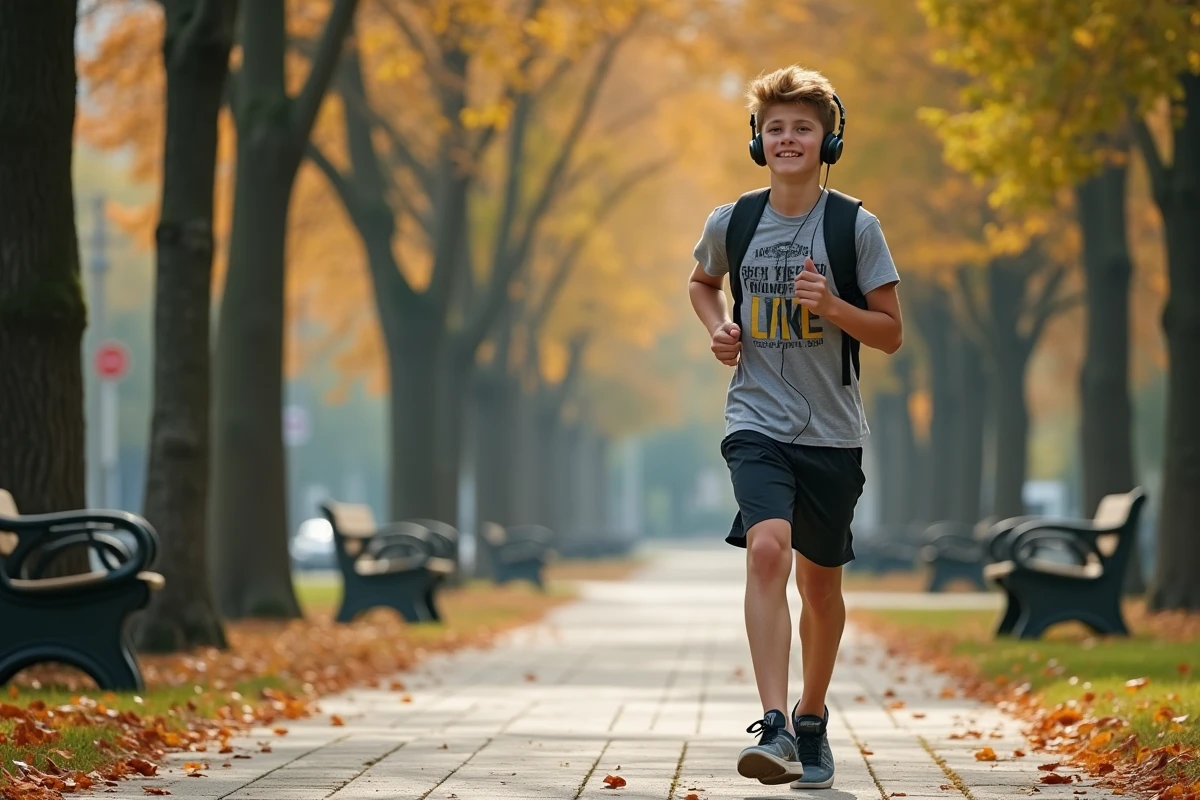 Adolescent écoute des leçons de français en marchant dans un parc