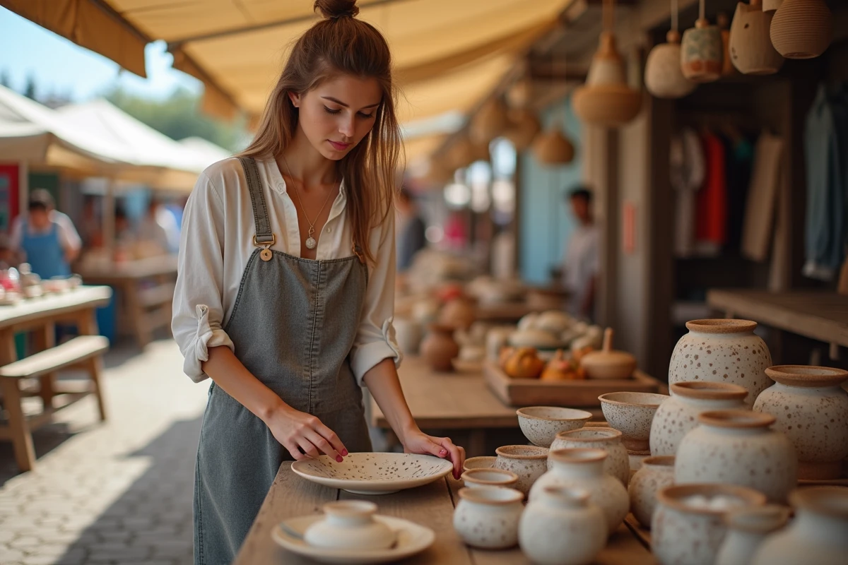 Jeune femme artisan arrangeant des céramiques peintes en extérieur