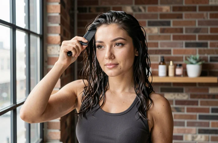 Jeune femme se coiffant les cheveux mouillés dans un appartement lumineux, astuce beauté cheveux naturels