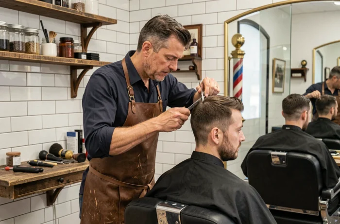 Barbier expert réalisant une coupe de cheveux précise aux ciseaux sur un client dans un salon de barbier traditionnel moderne