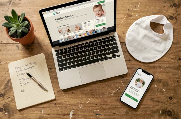 Vue de dessus d'un bureau avec ordinateur portable liste de naissance et notes manuscrites pour organiser les cadeaux de bébé