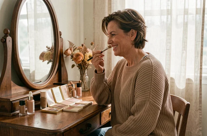 Femme mature appliquant une crème teintée devant un miroir vintage, conseils maquillage naturel et soin
