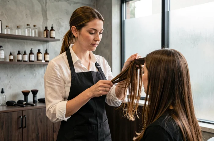 Coiffeuse professionnelle en consultation avec une cliente dans un salon de coiffure moderne, analysant la texture des cheveux avant une transformation