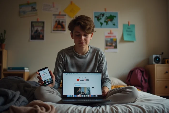 Adolescent utilisant un convertisseur en ligne YouTube vers MP4 sur un ordinateur portable dans sa chambre