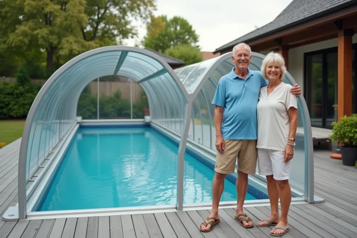 Couple utilisant un abri de piscine coulissant sur rails de guidage dans un jardin résidentiel