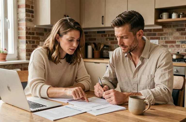 Couple examinant des documents de crédit immobilier à leur table de cuisine dans un appartement moderne