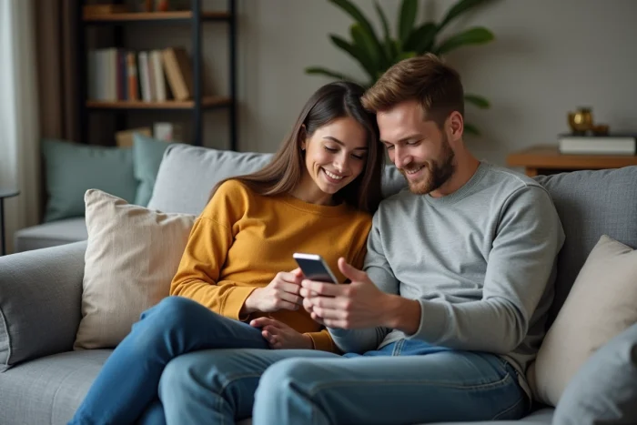 Jeune couple explorant ensemble une application de banque en ligne sur smartphone dans leur salon