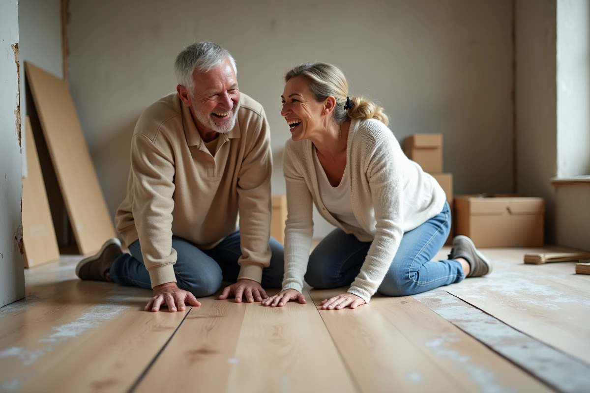 Couple heureux posant un sol en laminat dans une pièce en rénovation