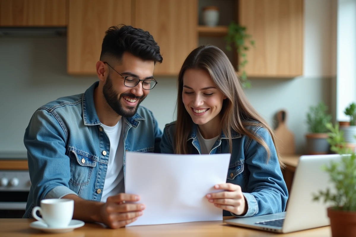 Jeune couple examinant des documents de prêt à la maison