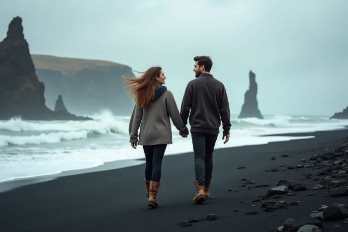 Couple de voyageurs se promenant sur une plage de sable noir en Islande avec des formations de basalte et un ciel nuageux dramatique