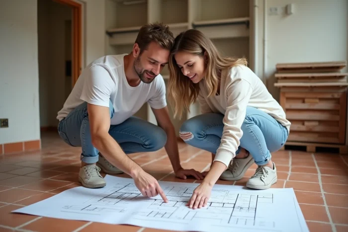 Couple étudiant un plan architectural sur le sol d'une cuisine en cours de rénovation avec des murs ouverts et des échantillons de carrelage