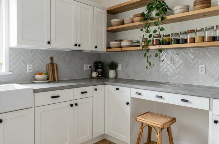 Cuisine scandinave rénovée avec étagères en bois, crédence en carreaux gris et accessoires déco en céramique artisanale