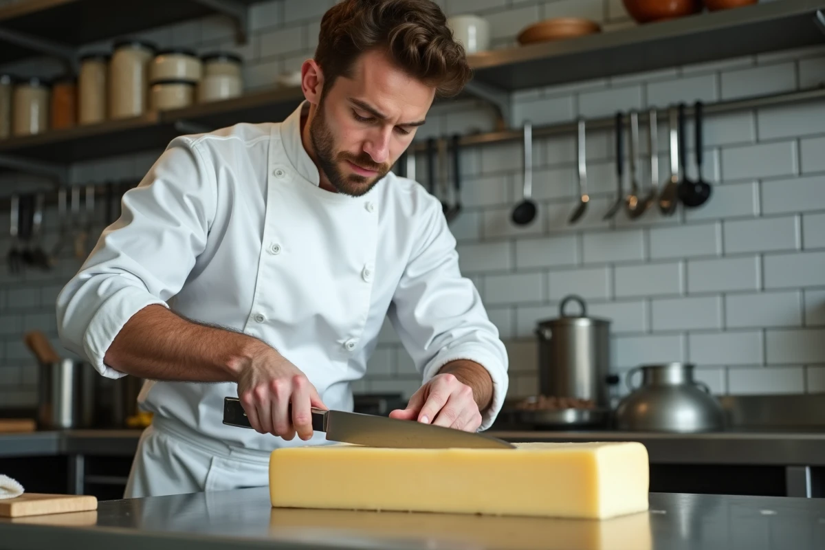 Jeune chef tranchant un bloc de fromage en cuisine professionnelle