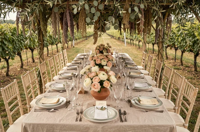 Table de réception de mariage décorée avec des roses, de la vaisselle en porcelaine et des verres en cristal sous une canopée de branches d'olivier