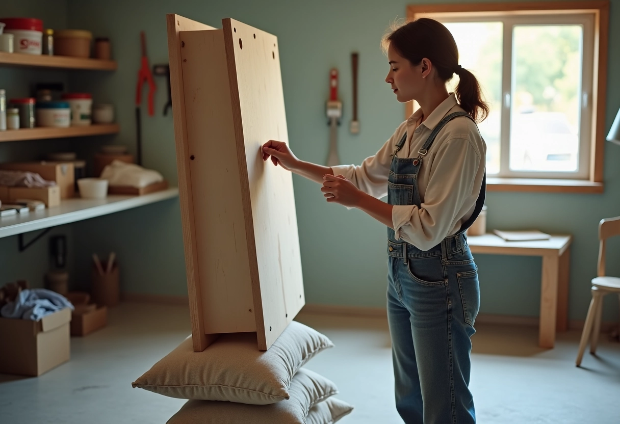 Jeune femme en salopette montrant comment stabiliser un palette