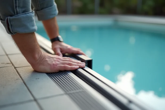 Détail du mécanisme de rail de guidage pour abri de piscine avec panneau polycarbonate coulissant
