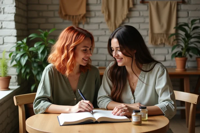 Deux femmes comparant des poudres végétales pour coloration capillaire dans un studio bien-être au décor naturel