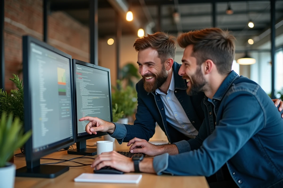 Deux hommes analysant un tableau de bord web en équipe