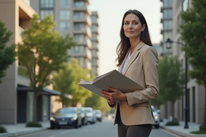 Femme tenant des documents immobiliers devant un immeuble résidentiel moderne, illustrant la diversification du patrimoine par l'investissement immobilier