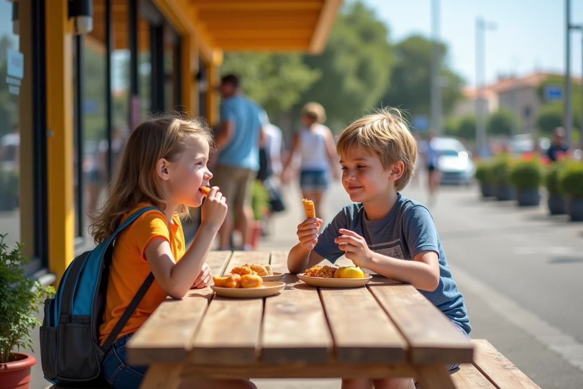 Enfants mangeant un snack à une table de pique-nique en Espagne