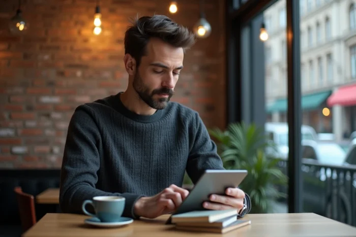 Entrepreneur consultant les dernières actualités et tendances business sur une tablette dans un café urbain