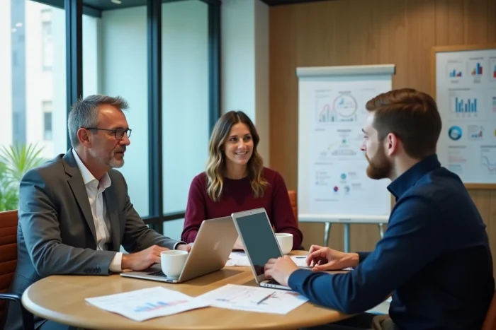 Équipe de professionnels en réunion stratégique autour des tendances et actualités business