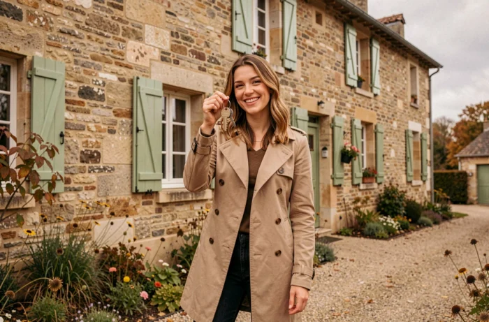 Jeune femme tenant les clés de sa maison nouvellement achetée grâce à un crédit immobilier