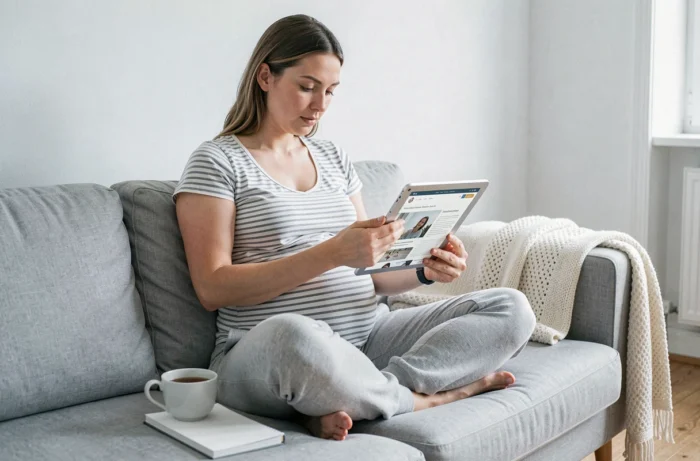 Femme enceinte consultant sa liste de naissance en ligne sur une tablette depuis son salon