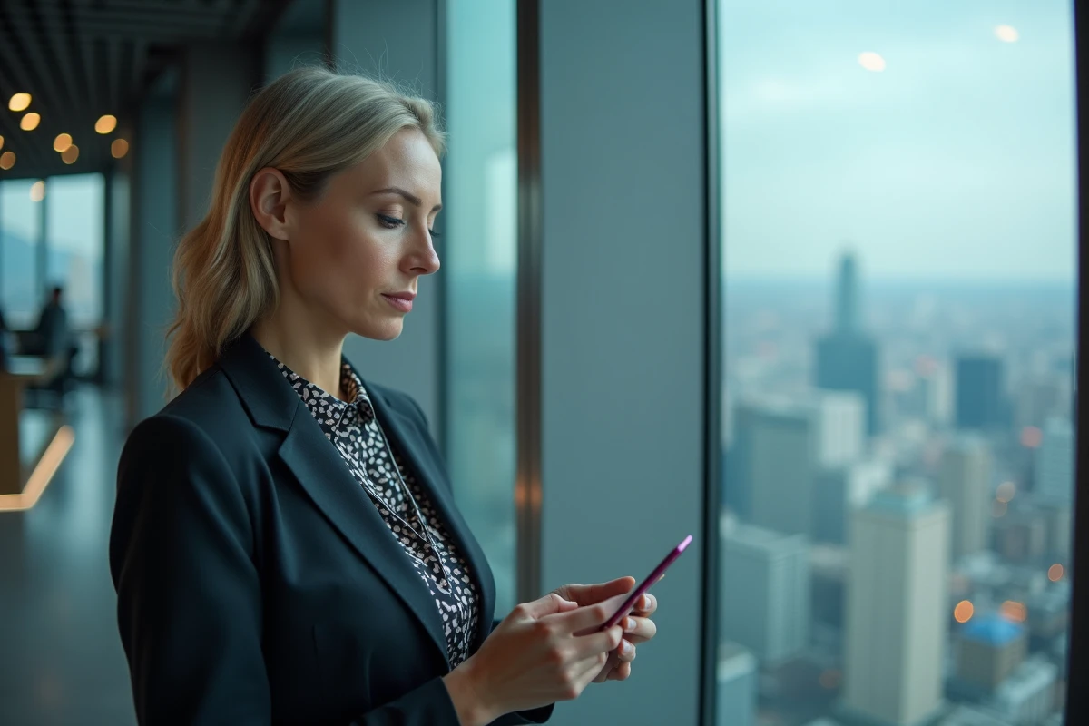 Femme entrepreneure analysant des données avec vue sur la ville