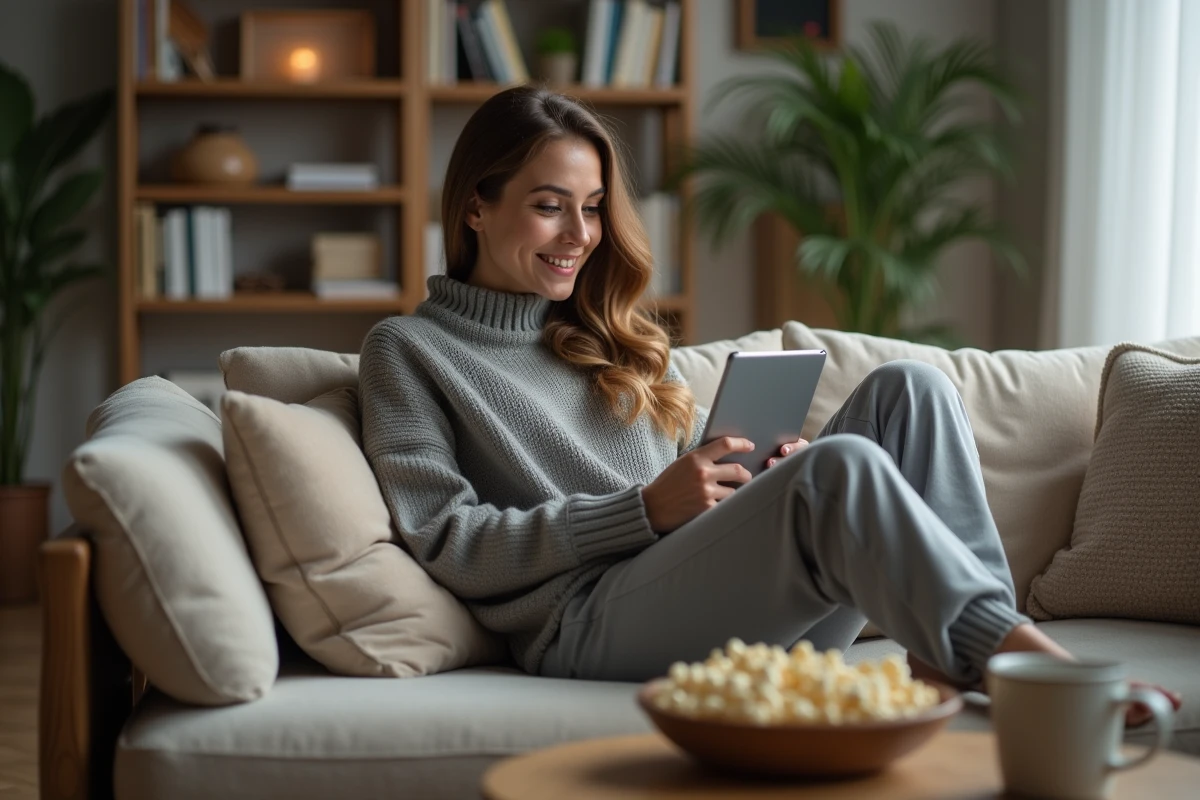 Femme regardant un match de football sur sa tablette à la maison