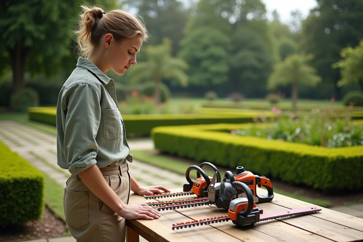 Jeune femme étudiant différents outils de taille haie dans le jardin