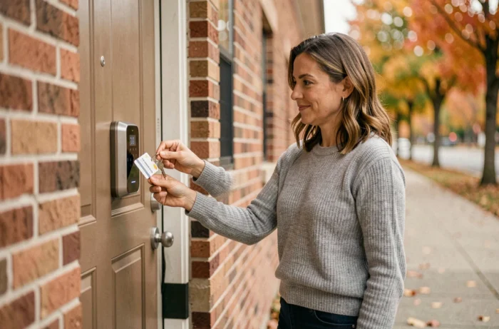 Femme testant une serrure connectée haute sécurité sur la porte d'entrée de sa maison en automne