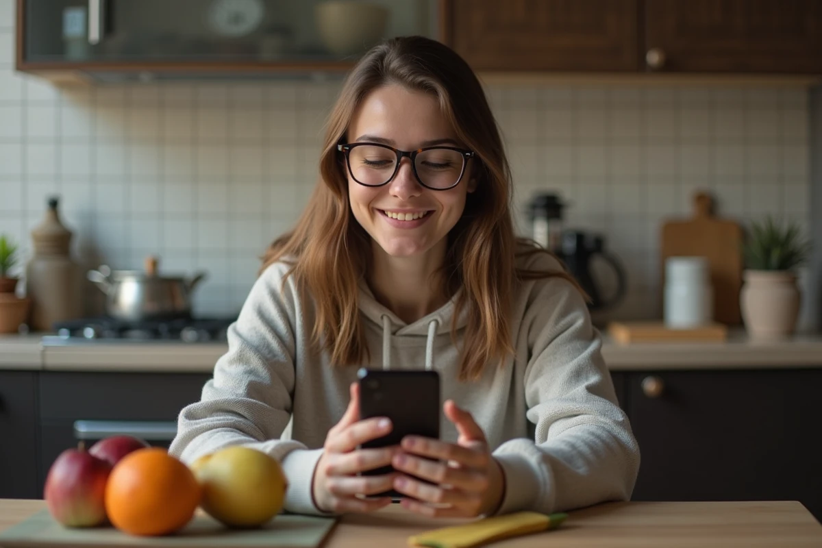 Jeune femme regardant un film avec son smartphone à la cuisine