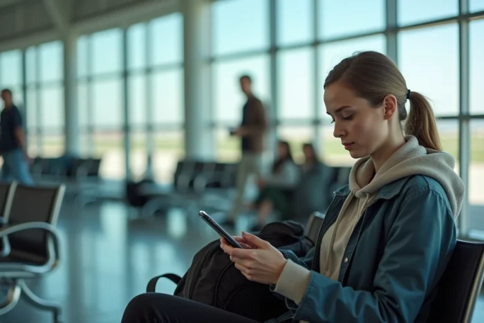 Jeune femme dans un aéroport avec smartphone et sac à dos