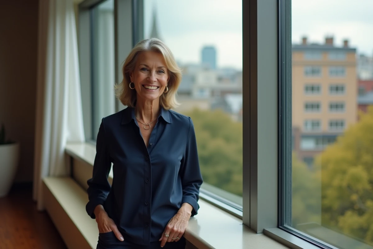 Femme élégante regardant la ville depuis une fenêtre