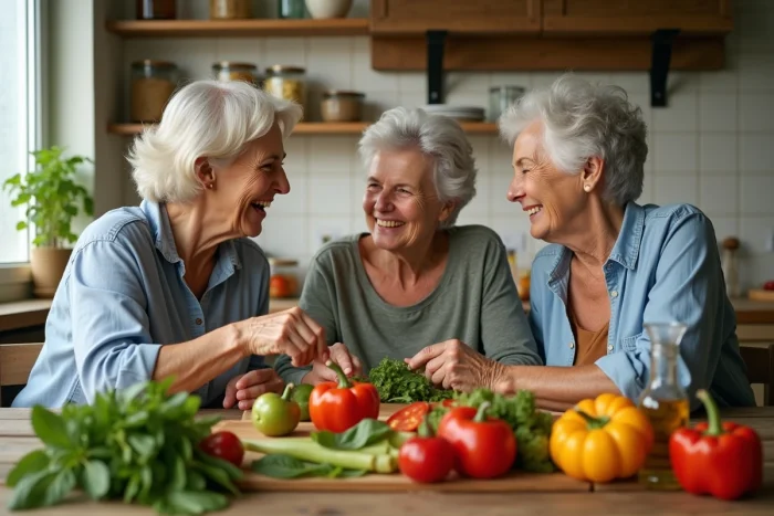 Trois femmes d'âge mûr cuisinant ensemble un repas méditerranéen sain dans une cuisine conviviale, représentant le bien-être, la jeunesse intérieure et les habitudes alimentaires équilibrées