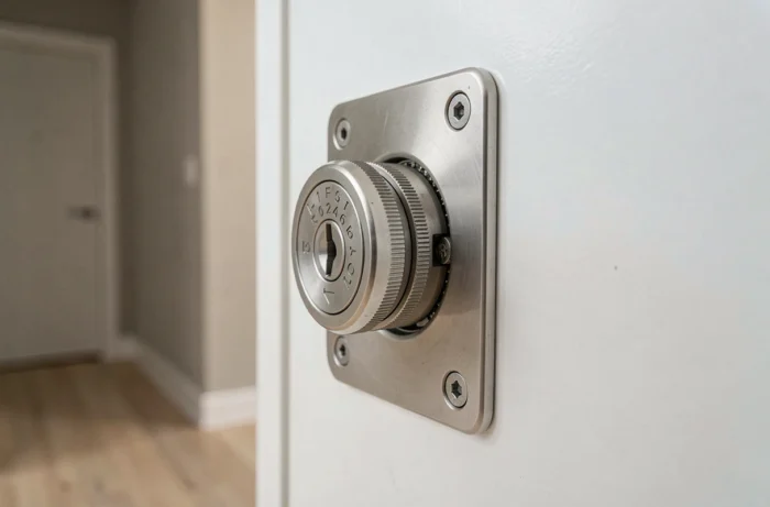 Gros plan sur une serrure haute sécurité en acier brossé montée sur une porte intérieure moderne