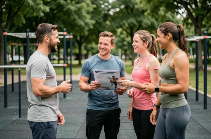 Groupe de personnes discutant d'un programme de fitness avec un coach dans un parc urbain en plein air