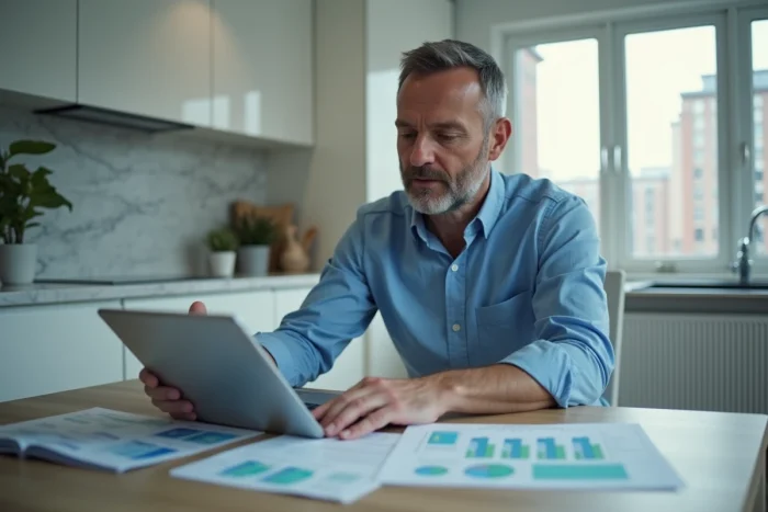 Homme d'affaires analysant des relevés bancaires et un tableau de bord financier sur tablette dans une cuisine moderne