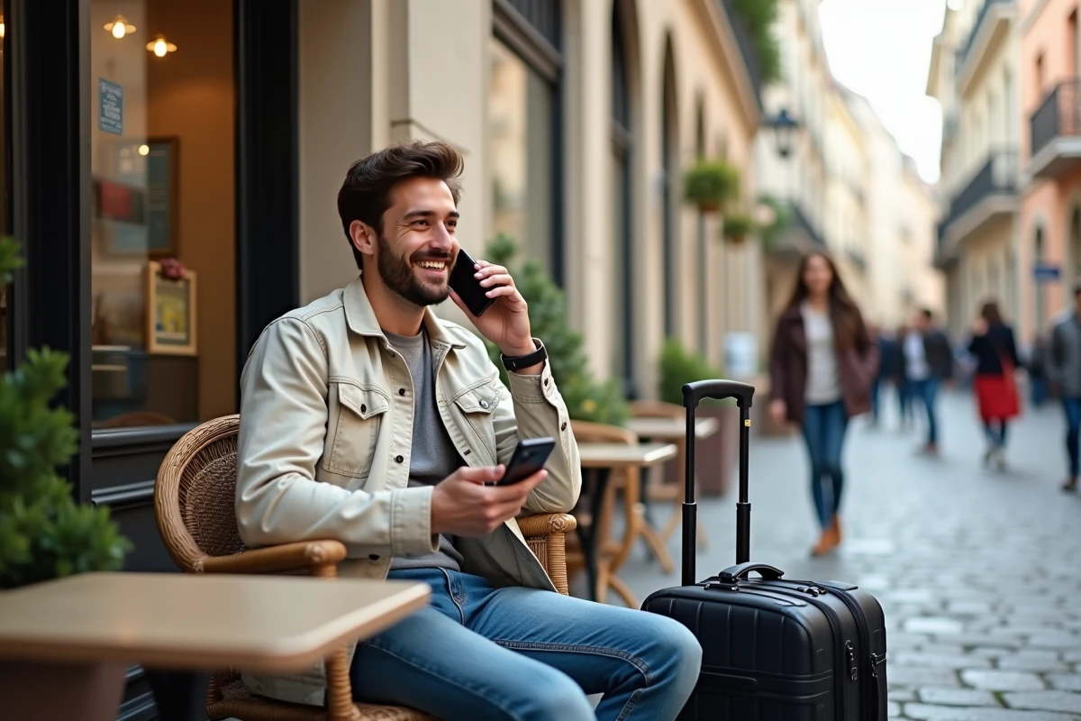 Homme en voyage sur une terrasse de café en ville