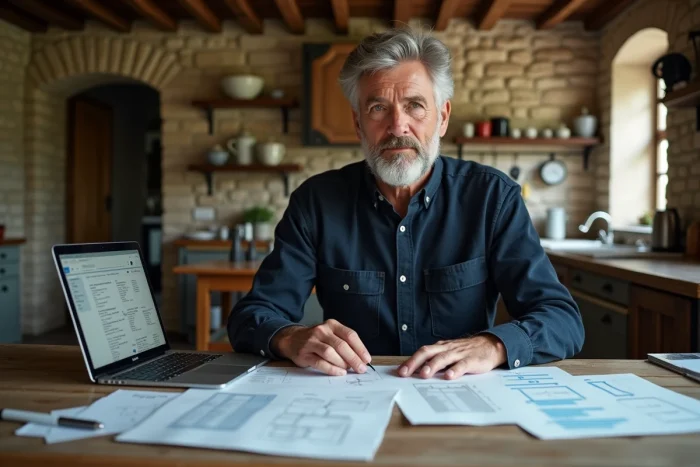 Homme comparant des documents généalogiques et des plateformes en ligne pour retrouver ses ancêtres
