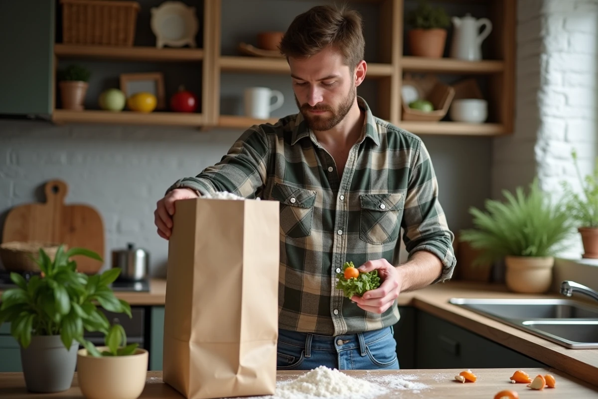 Jeune homme vérifiant compost dans cuisine moderne