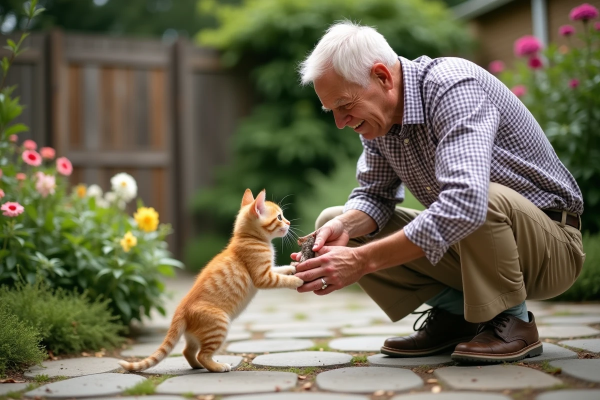 Homme âgé jouant avec un chaton dans le jardin