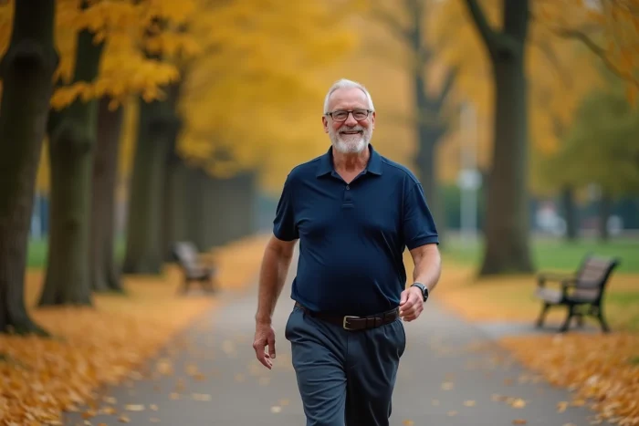Homme de 60 ans marchant avec énergie dans un parc urbain en automne, illustrant la jeunesse retrouvée et la vitalité grâce à une activité physique régulière