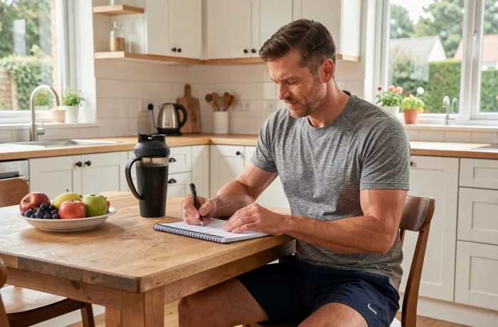 Homme planifiant ses objectifs de fitness dans un carnet à sa table de cuisine à domicile