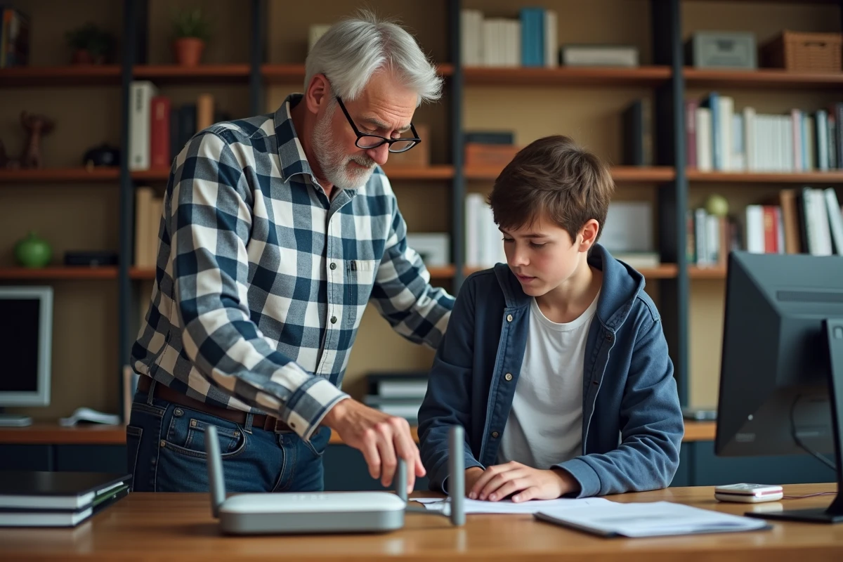 Homme expliquant le routeur WiFi à un adolescent