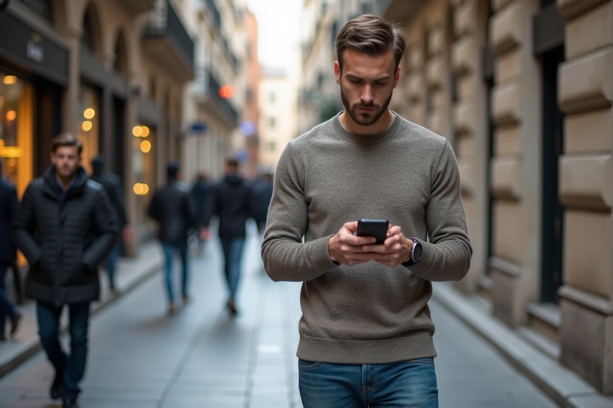 Homme regardant son smartphone dans une rue urbaine animée