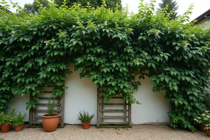 Jasmin étoilé en pleine floraison couvrant un mur extérieur blanc avec un treillis en bois