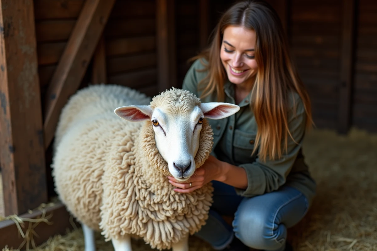 Jeune femme examine une brebis Exlana dans une étable rustique