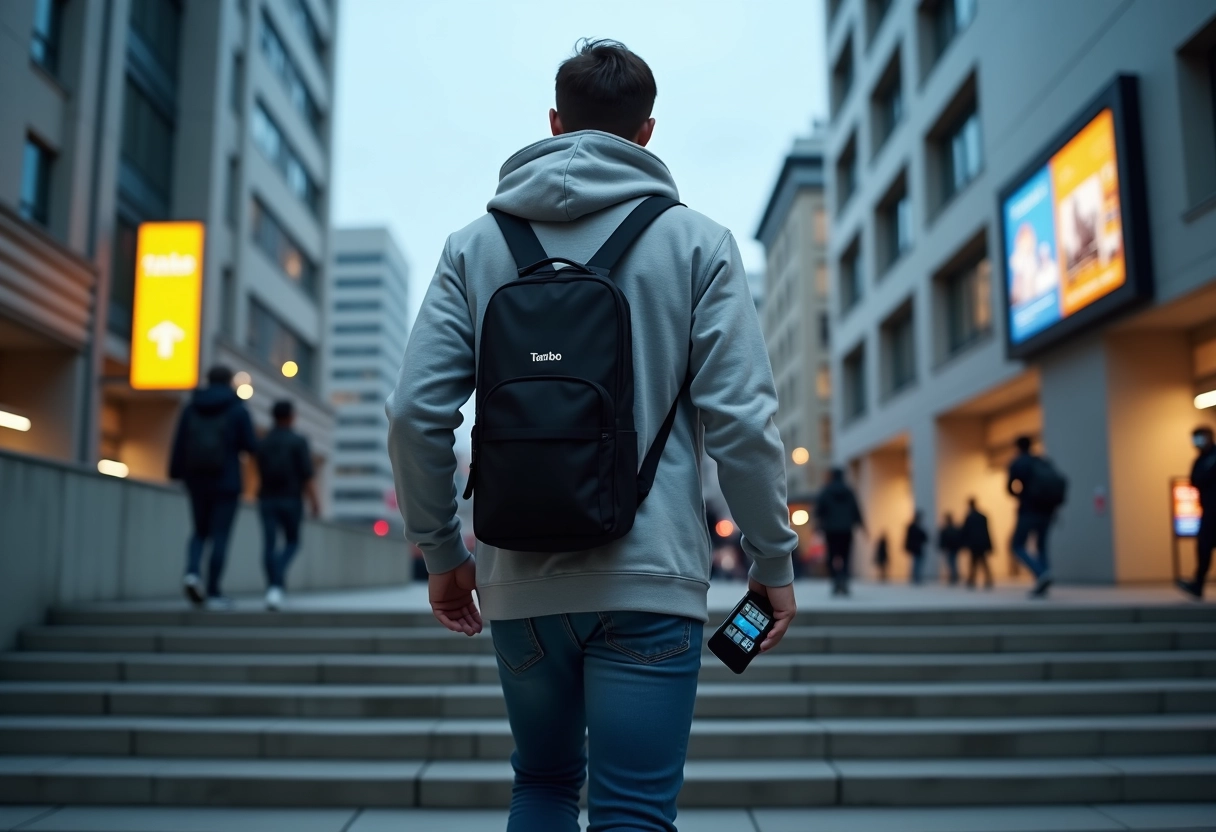 Jeune homme montant les escaliers avec smartphone et sac à l